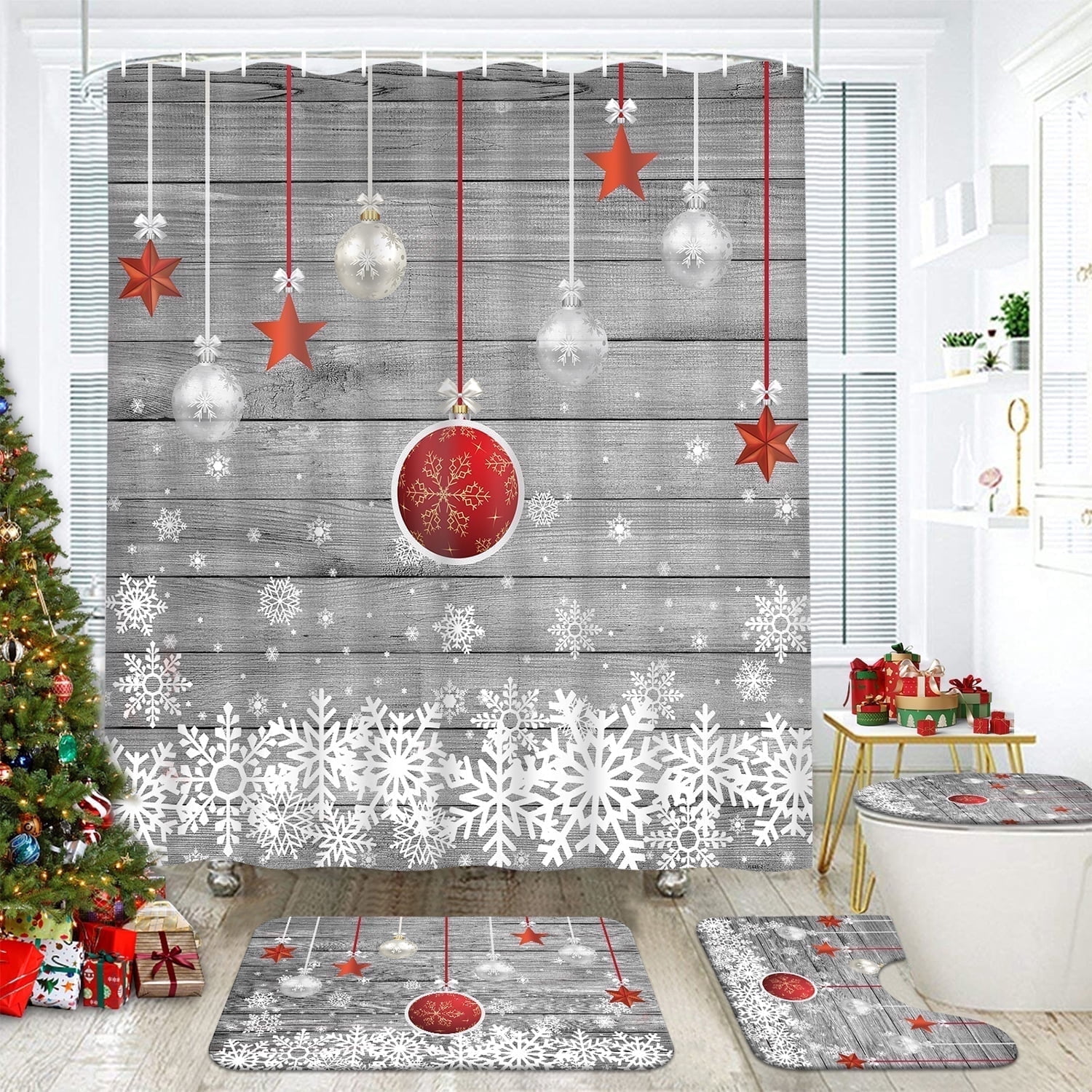 FRAMICS Christmas Shower Curtain Sets with Rugs, Xmas Snowflake Stars Bathroom Sets, Silver Gray Vintage Waterproof Fabric Shower Curtain with 12 Hooks and Toilet Rugs