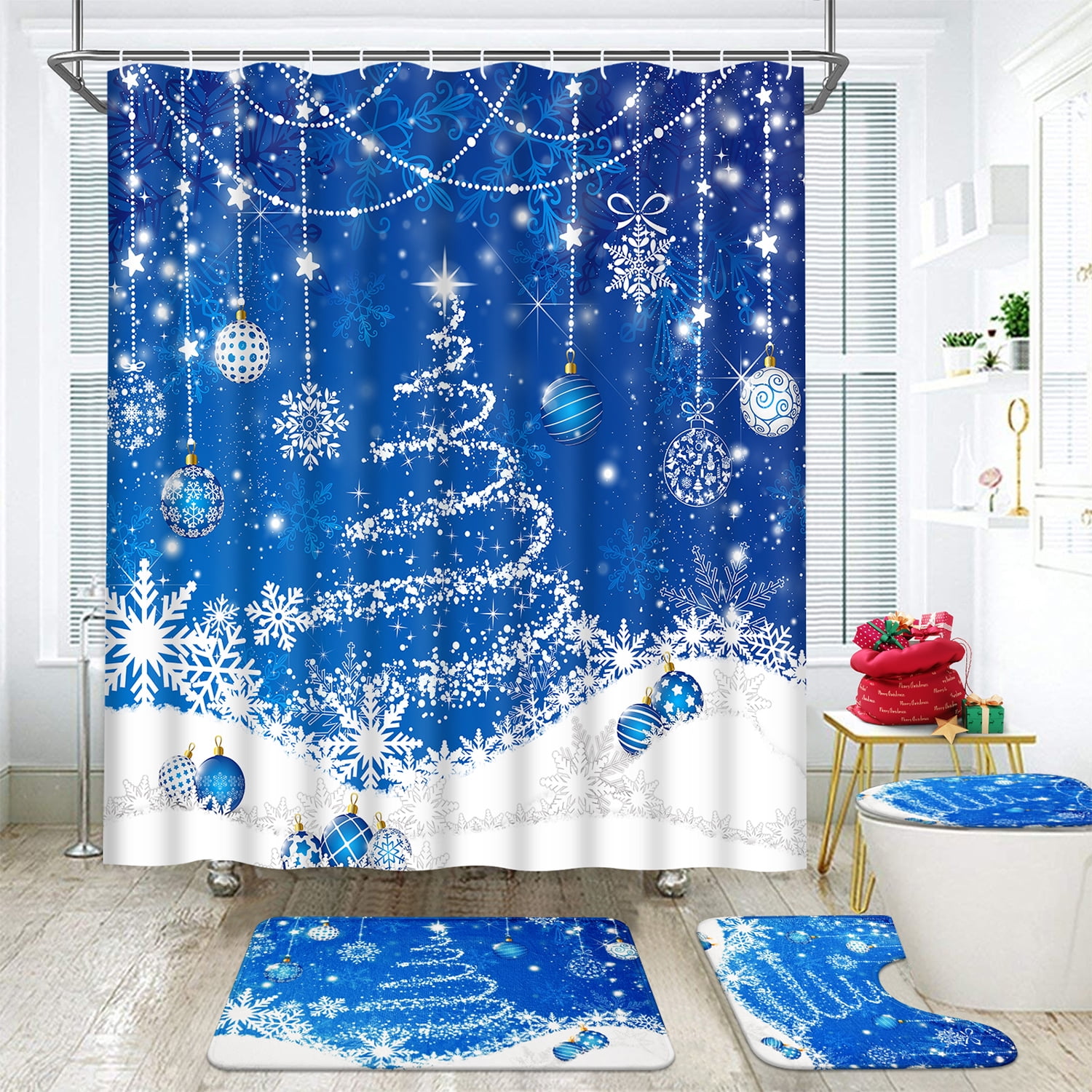 FRAMICS Christmas Shower Curtain Sets with Rugs, Xmas Tree Snowflake