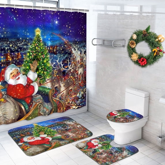 FRAMICS Christmas Shower Curtain Sets with Rugs, 16 Pc Santa Reindeer Bathroom Sets, Xmas Tree Waterproof Fabric Bathroom Curtain Decor with Hooks