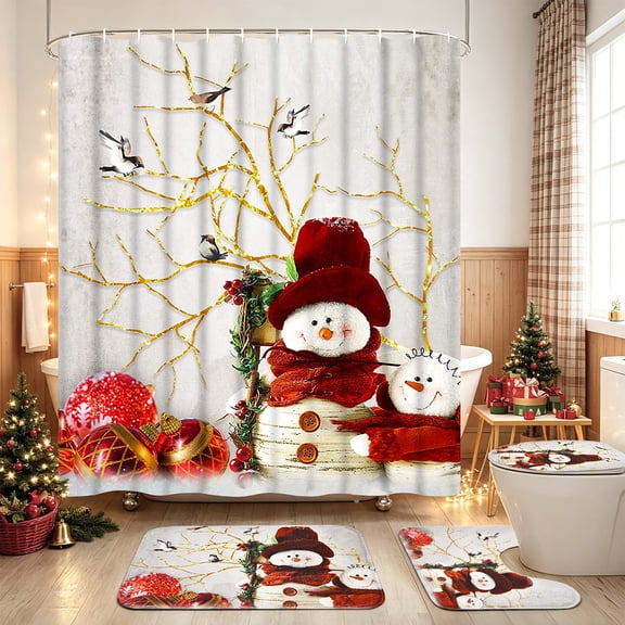 FRAMICS Christmas Shower Curtain Sets with Rugs, 16 Pc Winter Snowman Bathroom Sets, Xmas Waterproof Fabric Bathroom Curtain Decor with Hooks