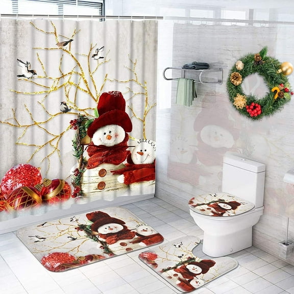 FRAMICS Christmas Shower Curtain Sets with Rugs, 16 Pc Winter Snowman Bathroom Sets, Xmas Waterproof Fabric Bathroom Curtain Decor with Hooks