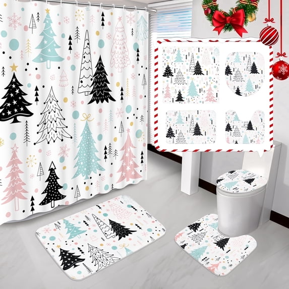 FRAMICS Christmas Shower Curtain Sets with Rugs, 16 Pcs Xmas Tree Bathroom Sets, Waterproof Fabric Bathroom Curtain for Home Holiday Decor with Hooks
