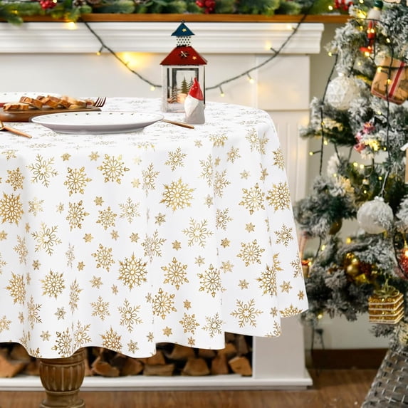 FRAMICS Christmas Table Cloth Round 60 Inch, Waterproof White Gold Snowflake Tablecloth, Washable Metallic Xmas Table Cover Spillproof Winter Table Cloths Cover for Holiday Christmas Decorations