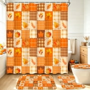 FRAMICS Fall Pumpkin Shower Curtain Sets with Non-Slip Rugs and Hooks, 16-Piece Thanksgiving Leaves Plaid Bathroom Sets, Waterproof Fabric Orange Bathroom Decor