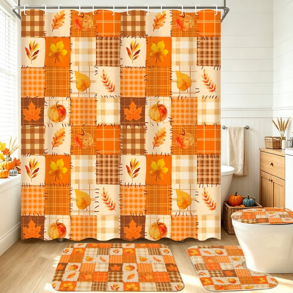 FRAMICS Fall Pumpkin Shower Curtain Sets with Non-Slip Rugs and Hooks, 16-Piece Thanksgiving Leaves Plaid Bathroom Sets, Waterproof Fabric Orange Bathroom Decor Set