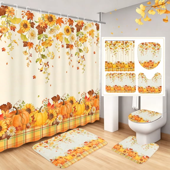 FRAMICS Fall Pumpkin Shower Curtain Sets with Rugs, 16-Piece Thanksgiving Sunflower Buffalo Plaid Bathroom Sets with Hooks, Waterproof Fabric Bathroom Decor Set