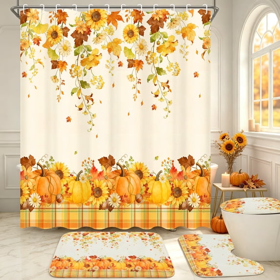 FRAMICS Fall Pumpkin Shower Curtain Sets with Rugs, 16-Piece Thanksgiving Sunflower Buffalo Plaid Bathroom Sets with Hooks, Waterproof Fabric Bathroom Decor Set