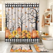FRAMICS 16-Piece Fall Shower Curtain Sets with Rugs, Buffalo Plaid Pumpkin Bathroom Sets, Thanksgiving Waterproof Fabric Bathroom Curtain Decor with Hooks