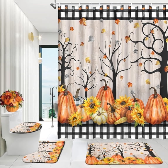 FRAMICS 16-Piece Fall Shower Curtain Sets with Rugs, Buffalo Plaid Pumpkin Bathroom Sets, Thanksgiving Waterproof Fabric Bathroom Curtain Decor with Hooks