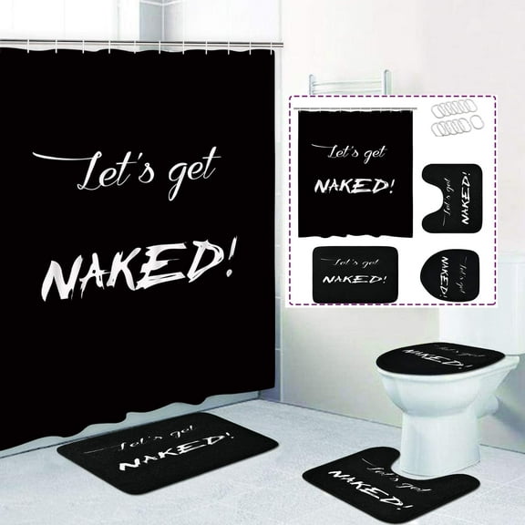 FRAMICS 16-Piece Funny Get Naked Shower Curtain Sets with Rugs, Waterproof Polyester Bathroom Sets, Black