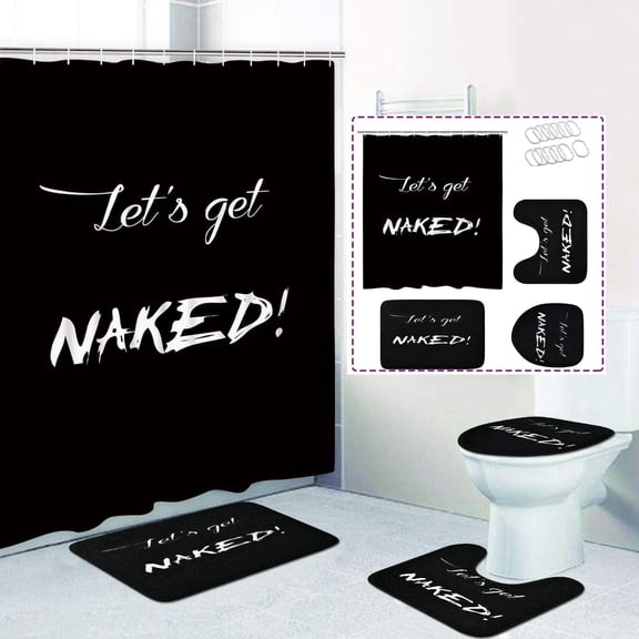 FRAMICS 16-Piece Funny Get Naked Shower Curtain Sets with Rugs, Waterproof Polyester Bathroom Sets, Black