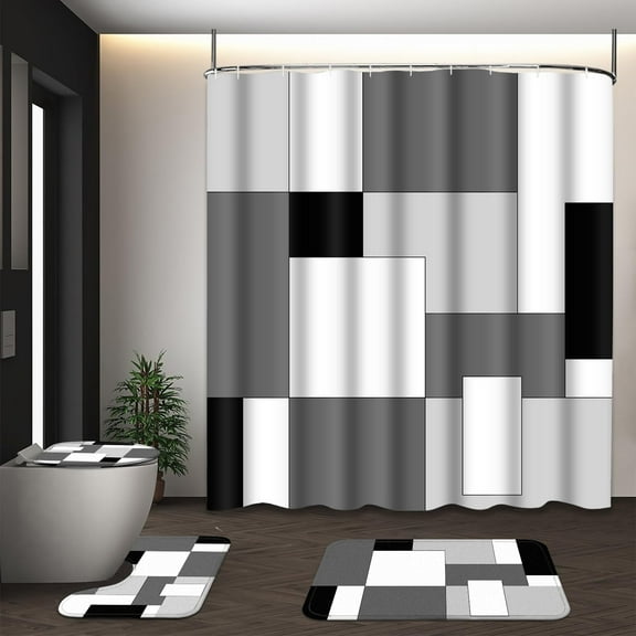 FRAMICS Gray Geometric Shower Curtain and Rug Sets, 16 Pc Black White Checkered Bathroom Sets, Modern Abstract Waterproof Fabric Shower Curtain Sets with 12 Hooks