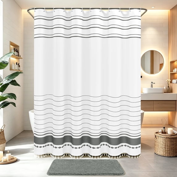 FRAMICS Striped Tassel Shower Curtain Sets with Bath Rug, Boho Farmhouse Water-Repellent Fabric Bathroom Sets with Hooks, Gray, 72" x 72"