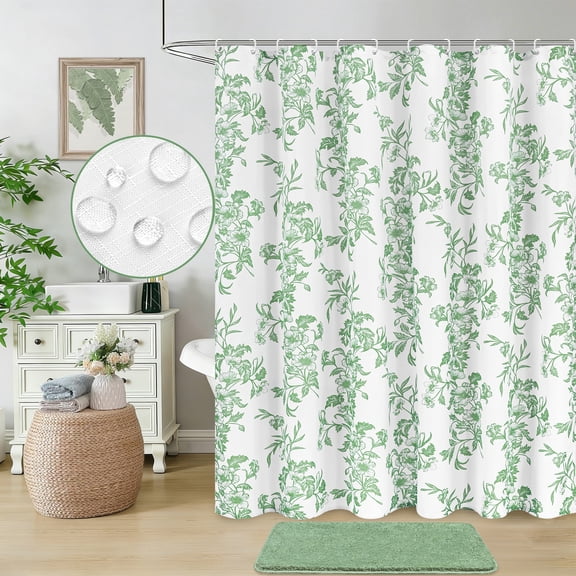 FRAMICS 14 Piece Floral Shower Curtain Sets with Rug, Slub Textured Heavy-Duty Fabric Cottagecore Bathroom Sets with Hooks, Waterproof & Washable, Sage Green, 72" x 72"