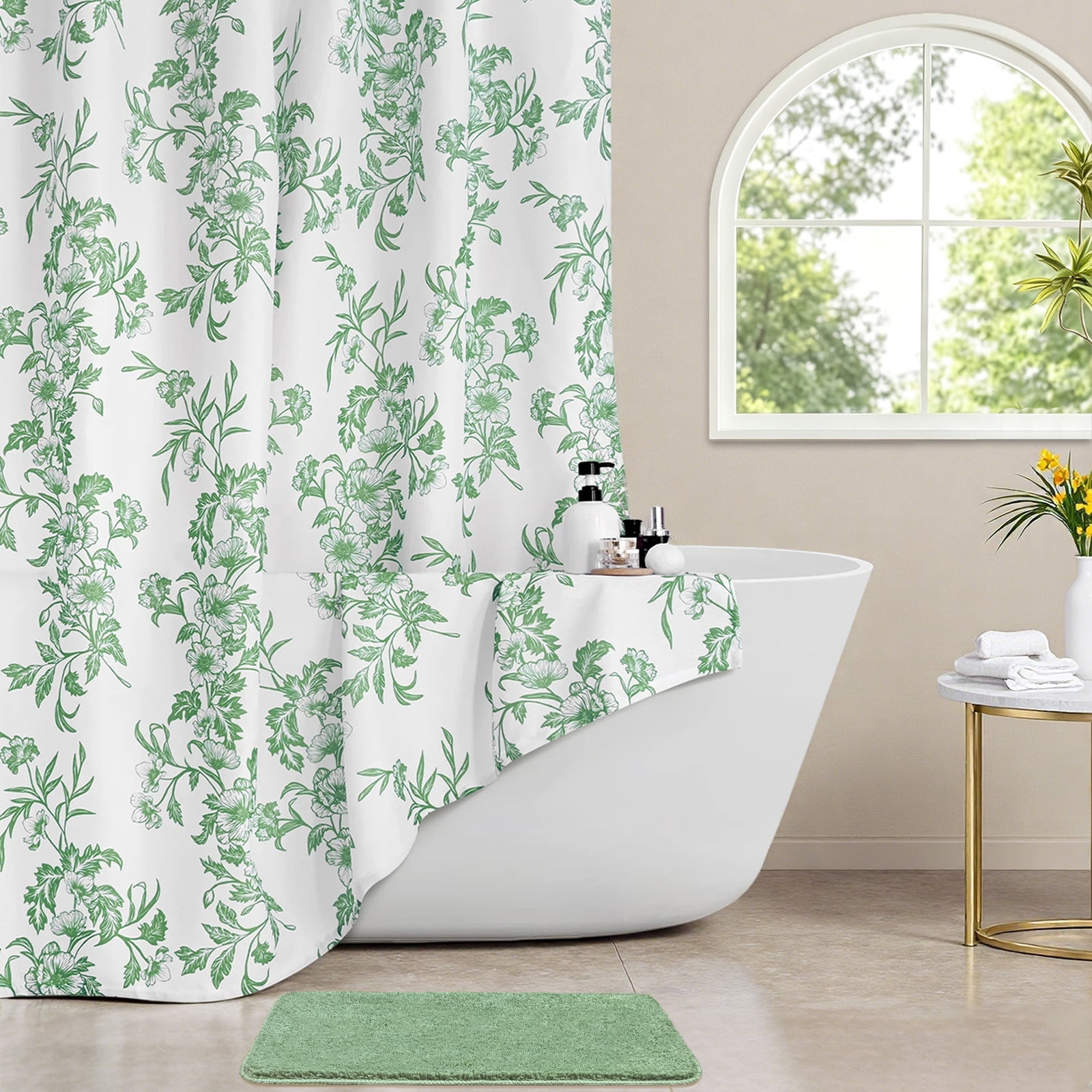 FRAMICS Sage Green Shower Curtain Sets with Non-Slip Rug & 12 Hooks, Heavy Duty Floral Cottagecore Fabric Bathroom Sets, Waterproof & Washable 72" x 72"