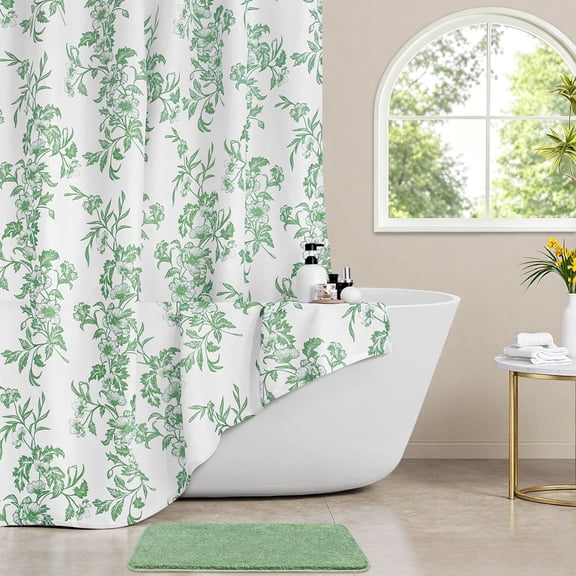 FRAMICS Sage Green Shower Curtain Sets with Non-Slip Rug & 12 Hooks, Heavy Duty Floral Cottagecore Fabric Bathroom Sets, Waterproof & Washable 72" x 72"
