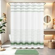 FRAMICS Striped Tassel Shower Curtain Sets with Bath Rug, Boho Farmhouse Water-Repellent Fabric Bathroom Sets with Hooks, Slub Textured Design, 72" x 72", Sage Green