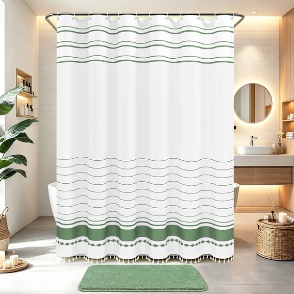FRAMICS Striped Tassel Shower Curtain Sets with Bath Rug, Boho Farmhouse Water-Repellent Fabric Bathroom Sets with Hooks, Slub Textured Design, 72" x 72", Sage Green
