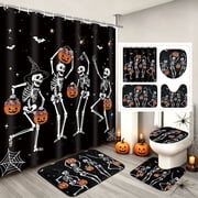 FRAMICS Halloween Skull Shower Curtain Sets with Rugs, 16-Piece Funny Skeleton Pumpkin Bathroom Sets with Hooks, Waterproof Fabric 72" x 72"