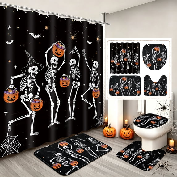 FRAMICS Halloween Skull Shower Curtain Sets with Rugs, 16-Piece Funny Skeleton Pumpkin Bathroom Sets with Hooks, Waterproof Fabric 72" x 72"