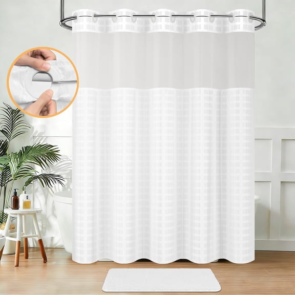 FRAMICS Hookless Fabric Shower Curtain Sets with Rug, Checkered Textured Waterproof No Hook Bathroom Sets with with Mesh Top Window, Hotel Grade, White, 71" x 75"