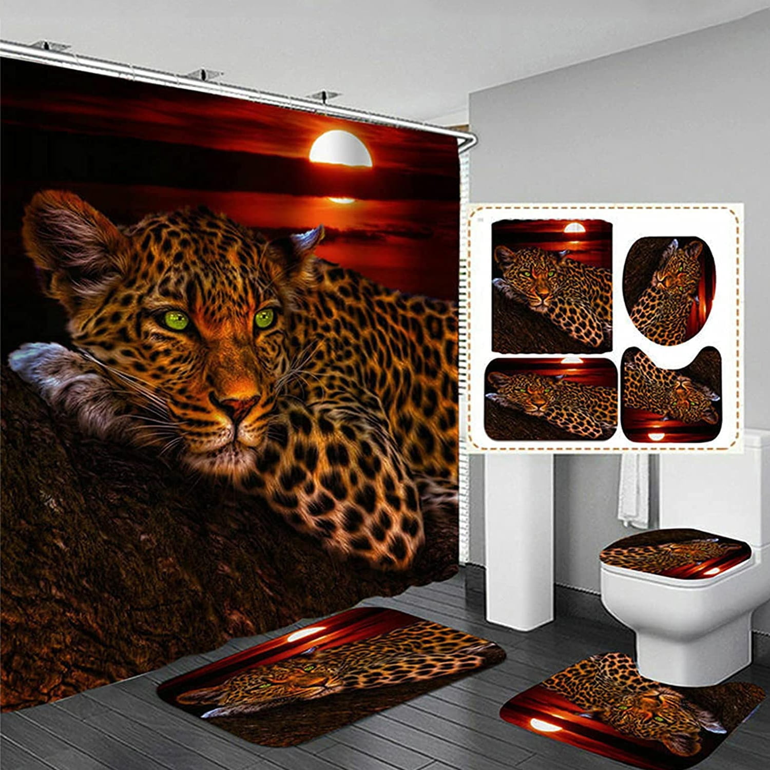 FRAMICS 16 Pc Leopard Cheetah Print Bathroom Set Moon Shower Curtain