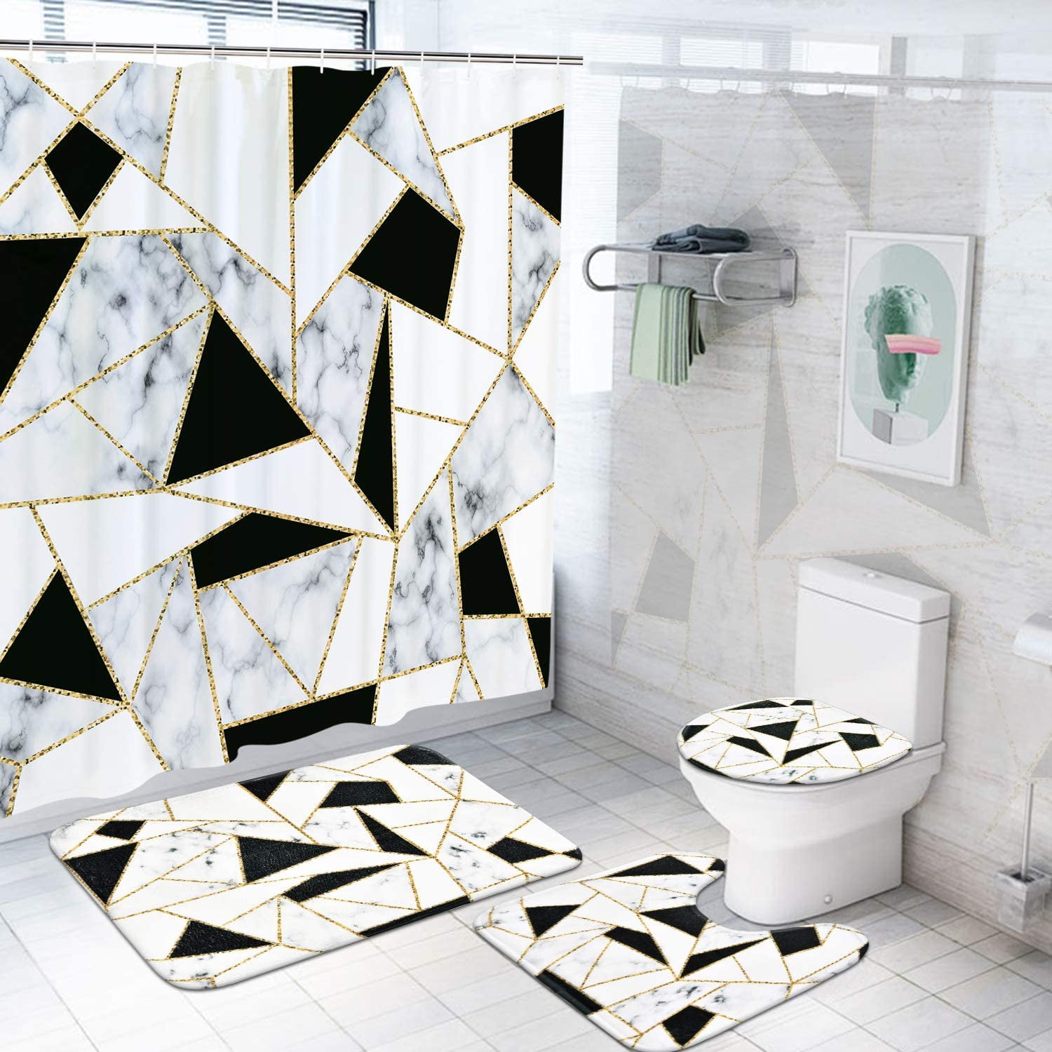 FRAMICS Marble Shower Curtain and Rug Sets, Black White Geometric