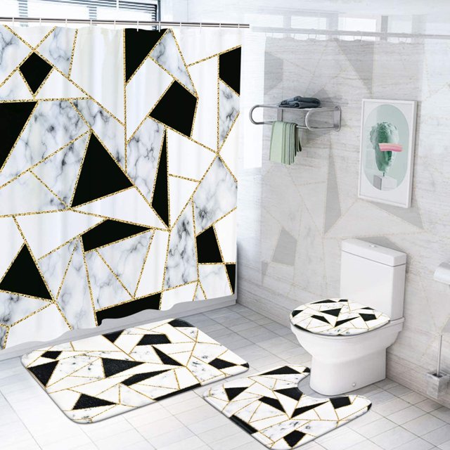 FRAMICS Marble Shower Curtain and Rug Sets, Black White Geometric