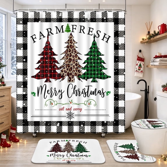 FRAMICS Merry Christmas Shower Curtain Sets with Rugs, 16 Pc Buffalo Plaid Xmas Trees Bathroom Sets, Waterproof Fabric Bathroom Curtain Decor with Hooks
