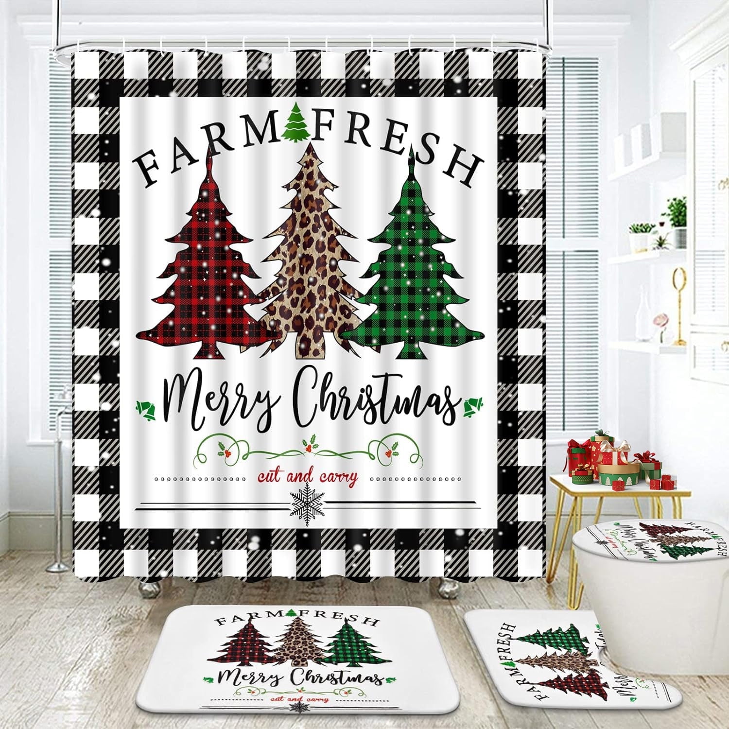 FRAMICS Merry Christmas Shower Curtain Sets with Rugs, 16 Pc Buffalo ...
