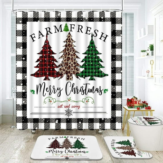 FRAMICS Merry Christmas Shower Curtain Sets with Rugs, 16 Pc Buffalo Plaid Xmas Trees Bathroom Sets, Waterproof Fabric Bathroom Curtain Decor with Hooks