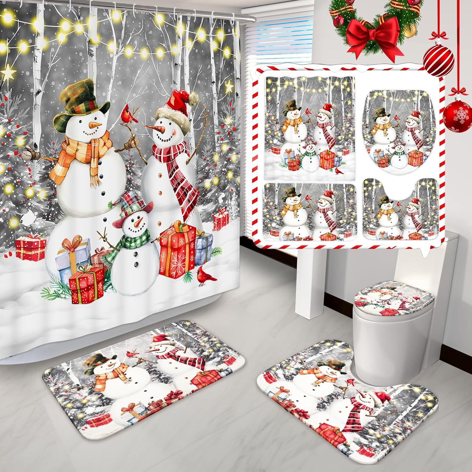 FRAMICS Merry Christmas Shower Curtain Sets with Rugs, 16 Pc Winter