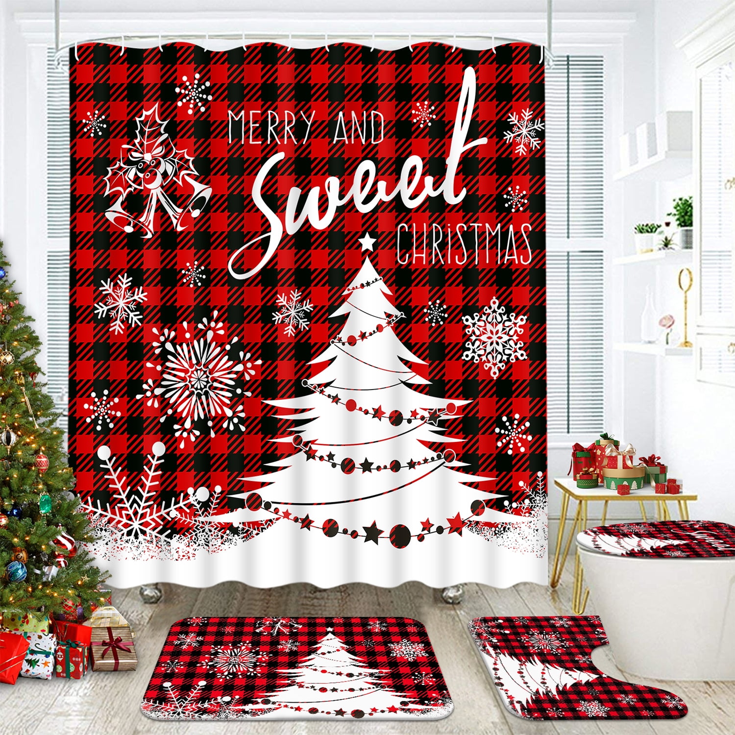 FRAMICS Merry Christmas Shower Curtain Sets with Rugs, Red Buffalo Plaid Bathroom Decor Sets