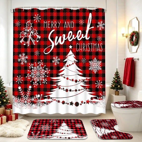 FRAMICS Merry Christmas Shower Curtain Sets with Rugs, Red Buffalo Plaid Bathroom Decor Sets, Xmas Tree Waterproof Fabric Shower Curtain with 12 Hooks and Toilet Rugs