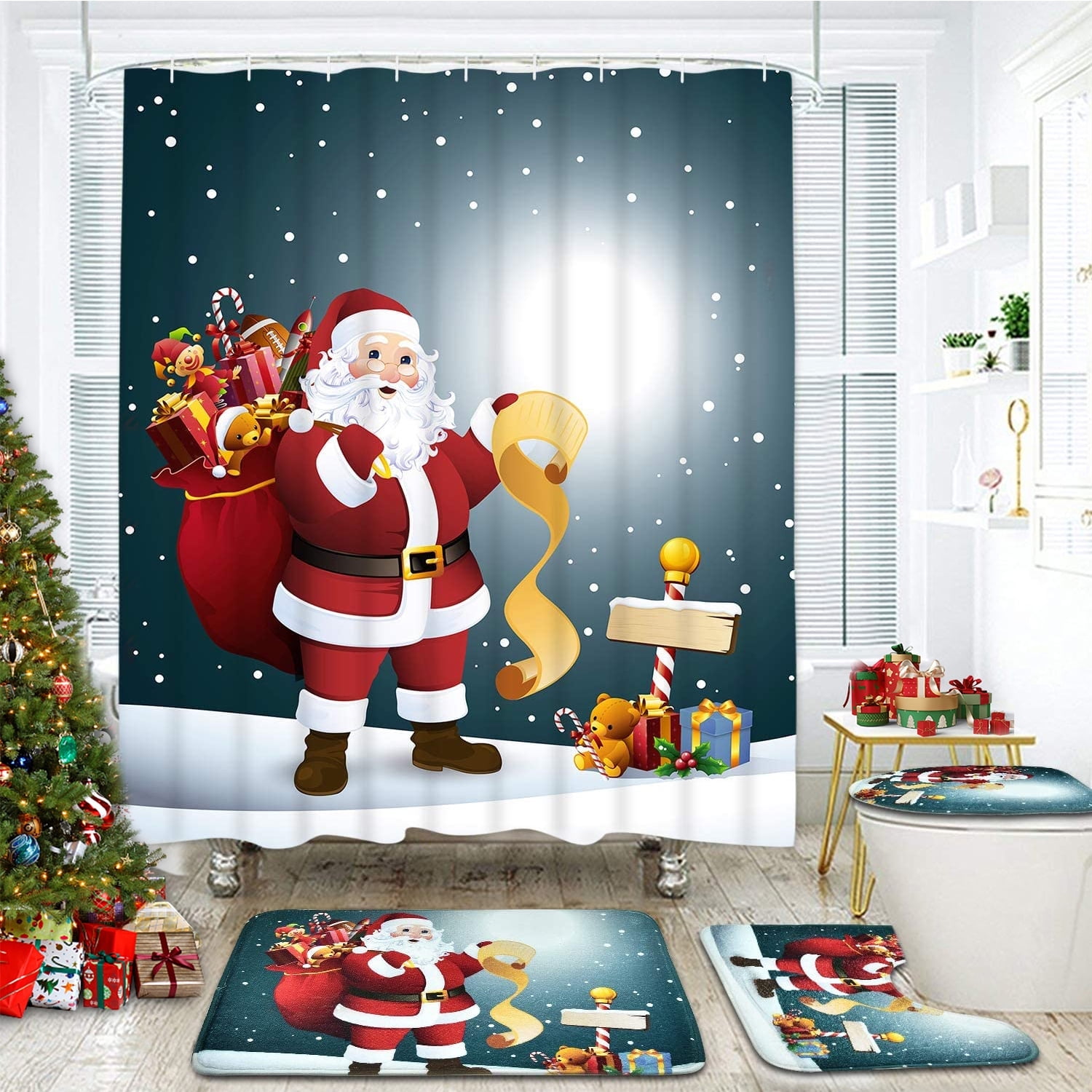 FRAMICS Merry Christmas Shower Curtain Sets with Rugs, Santa Claus ...