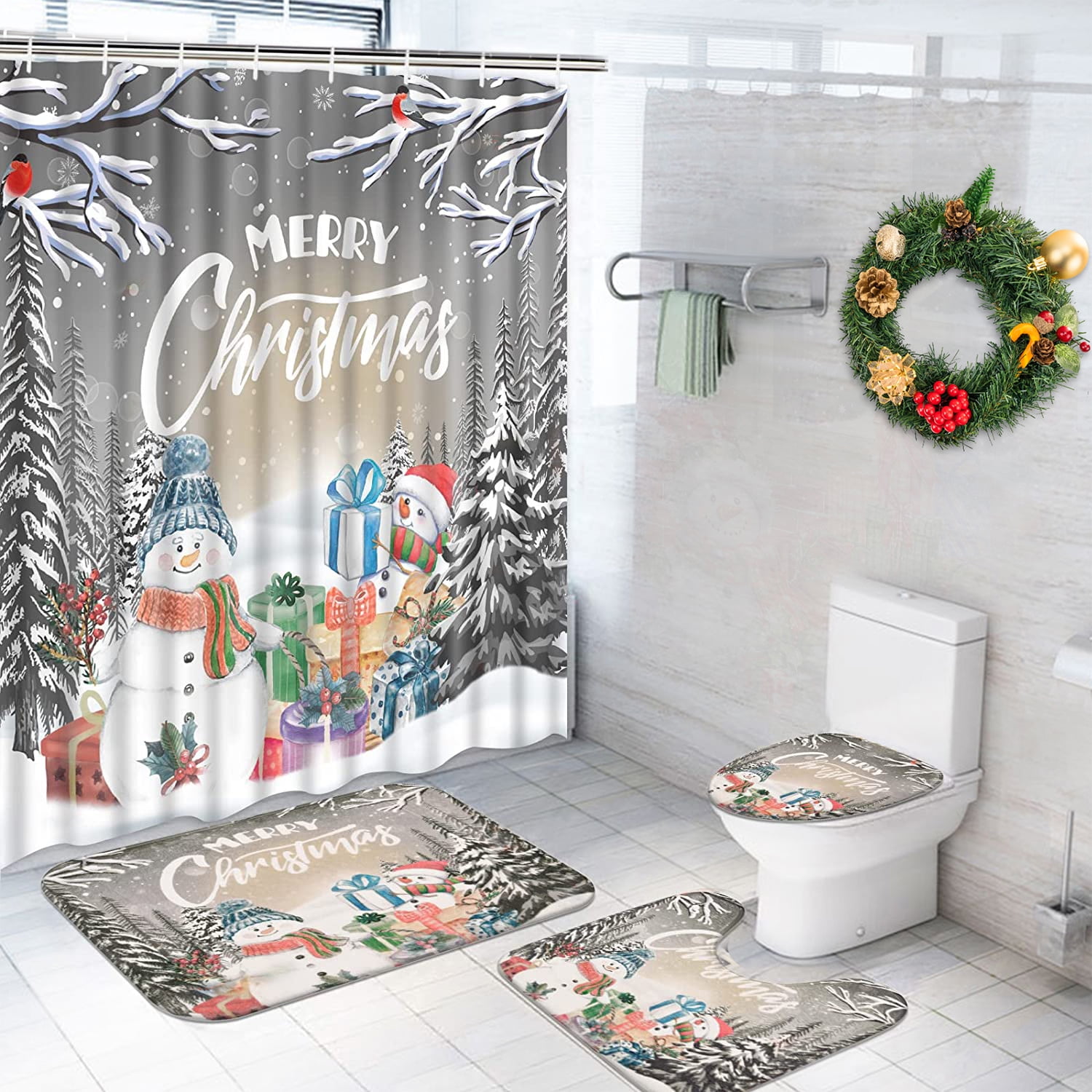 FRAMICS Merry Christmas Shower Curtain Sets with Rugs, Snowman