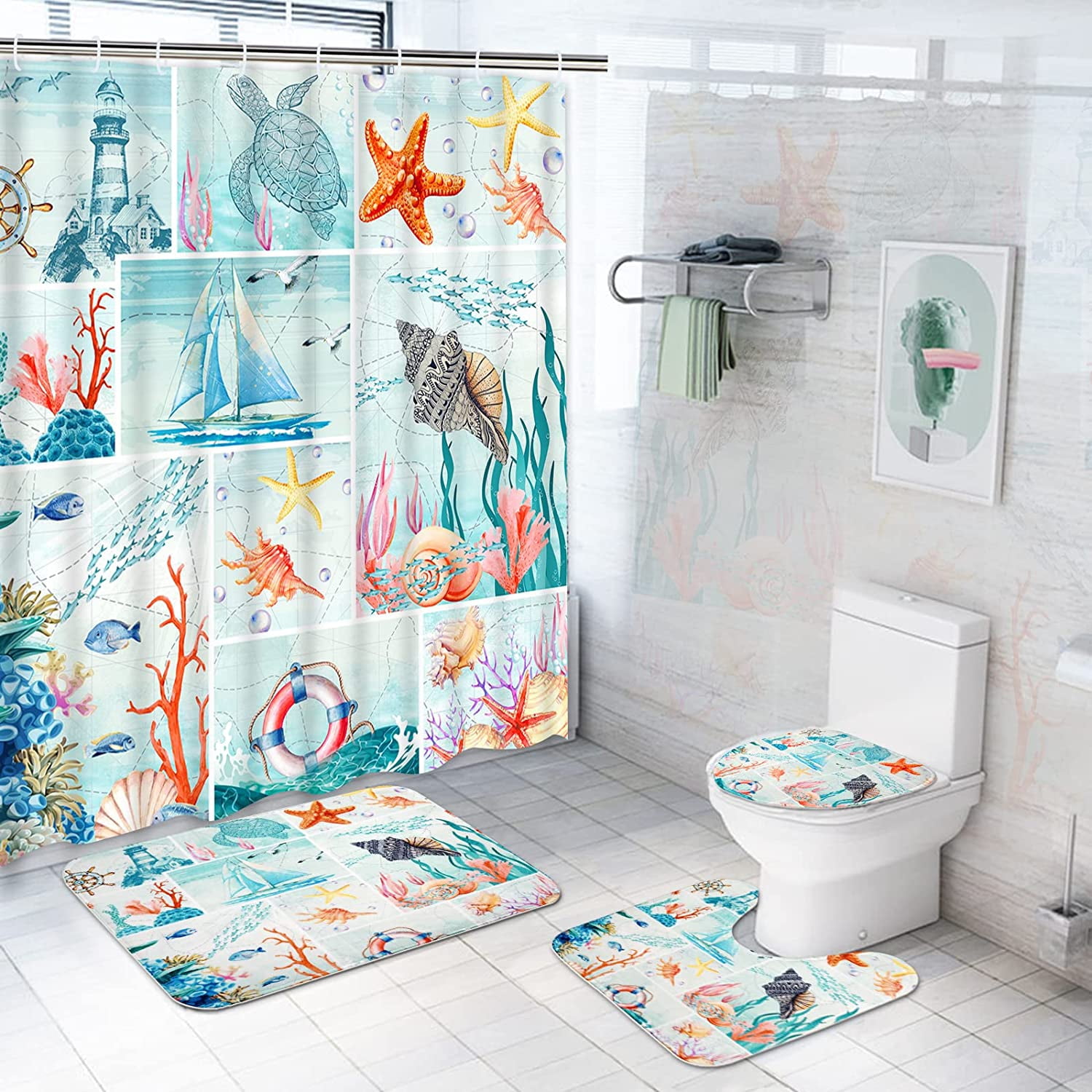 FRAMICS Nautical Coastal Shower Curtain and Rug Sets, Blue Ocean Themed