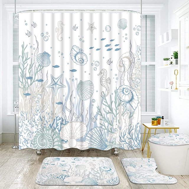 FRAMICS Nautical Coastal Shower Curtain and Rug Sets, Ocean Themed