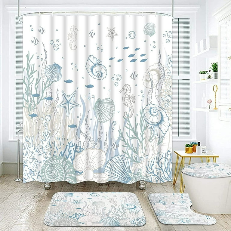 FRAMICS Nautical Coastal Shower Curtain and Rug Sets Ocean Themed