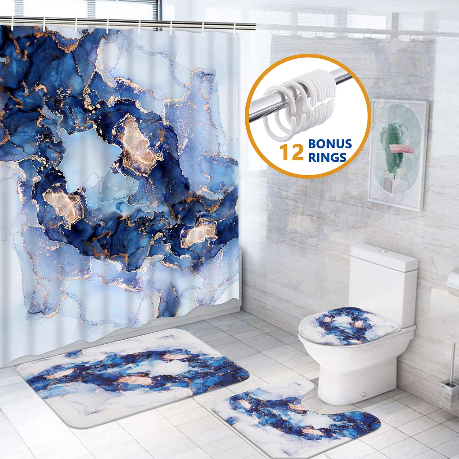 FRAMICS 16 Pc Navy Blue Abstract Marble Bathroom Sets Luxury