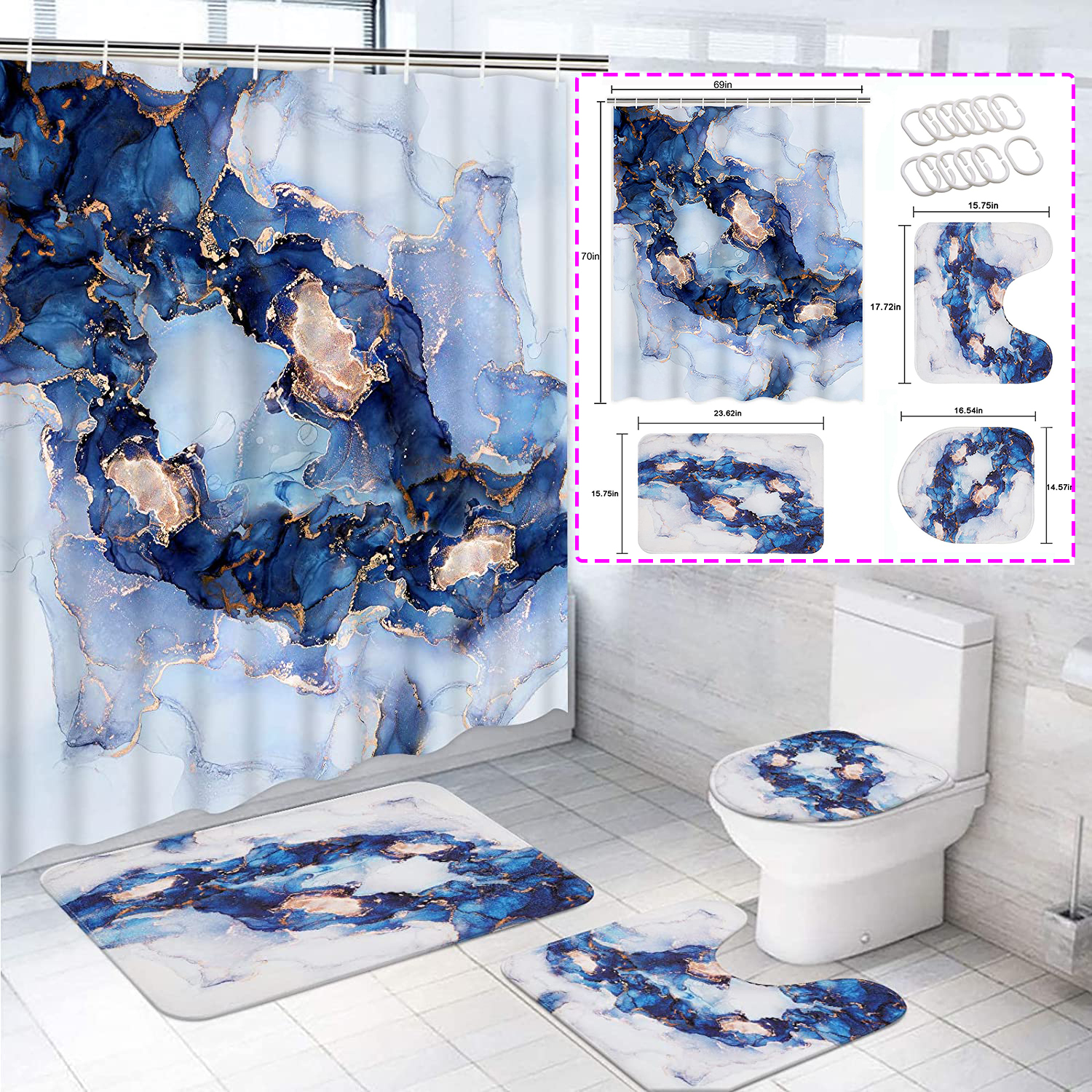 Mainstays 15Piece Marble Polyester Shower Curtain Set, Blue