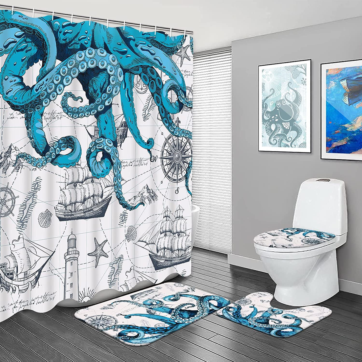FRAMICS Octopus Shower Curtain and Rug Sets, Nautical Ocean Bathroom