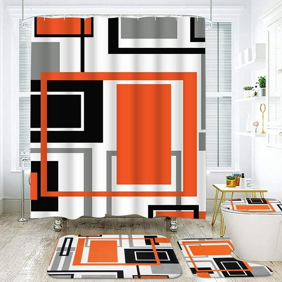 FRAMICS Orange Geometric Shower Curtain Sets with Rugs, 16 Pc Modern Abstract Bathroom Sets, Waterproof Fabric Bathroom Curtain Decor with Hooks