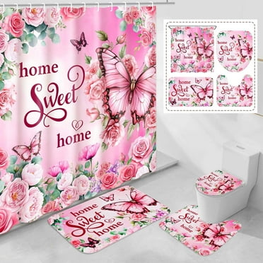 FRAMICS Pink Butterfly Shower Curtain Sets with Rugs, 16 Pcs Floral Farmhouse Bathroom Sets, Waterproof Fabric Bathroom Curtain Decor with Hooks