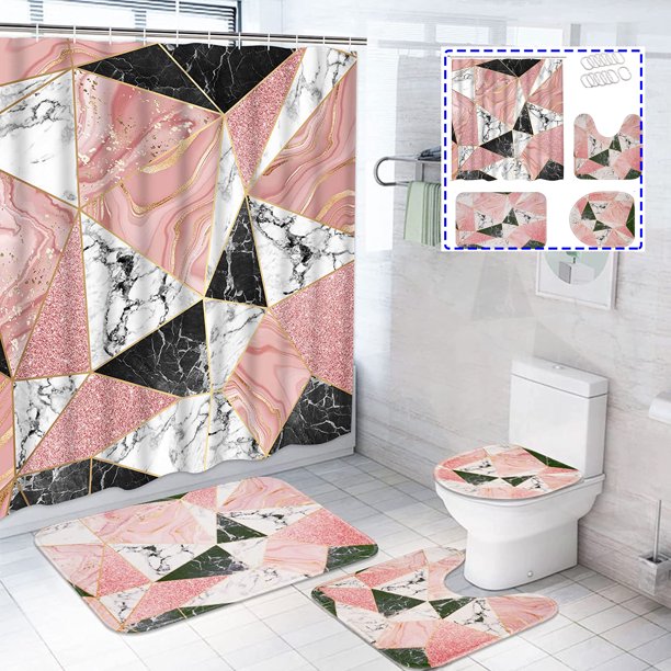 FRAMICS Pink Geometric Marble Shower Curtain and Rug Sets Bathroom