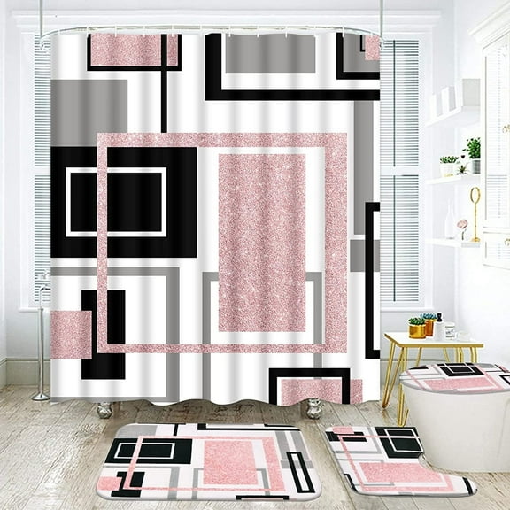 FRAMICS Pink Geometric Shower Curtain Sets with Rugs, 16 Pc Modern Abstract Bathroom Sets, Waterproof Fabric Bathroom Curtain Decor with Hooks