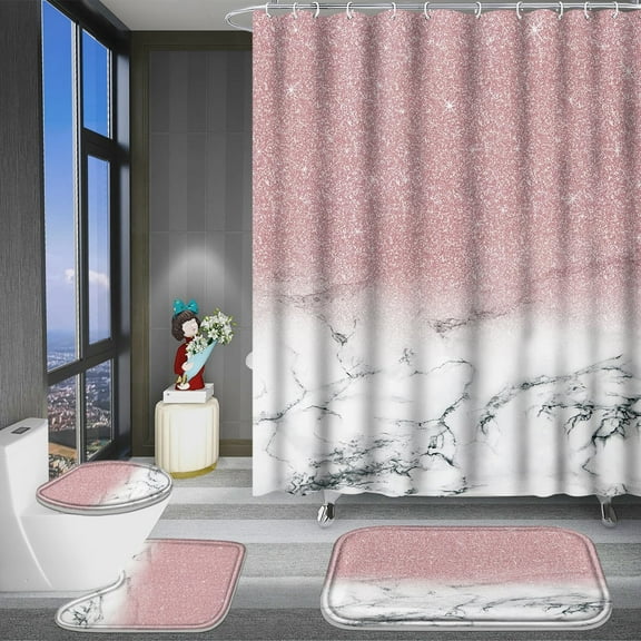 FRAMICS Pink Shiny (No Glitter) Marble Shower Curtain and Rug Sets, 16-Piece Modern Bathroom Sets, Waterproof Fabric Shower Curtain with 12 Hooks and Toilet Rugs