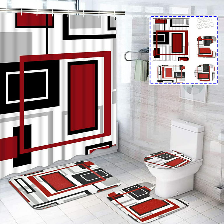 FRAMICS Red Black Geometric Pattern Polyester Shower Curtain and Rug Sets Bathroom  Decor Set, Waterproof Shower Curtain with 12 Hooks and Toilet Rugs 