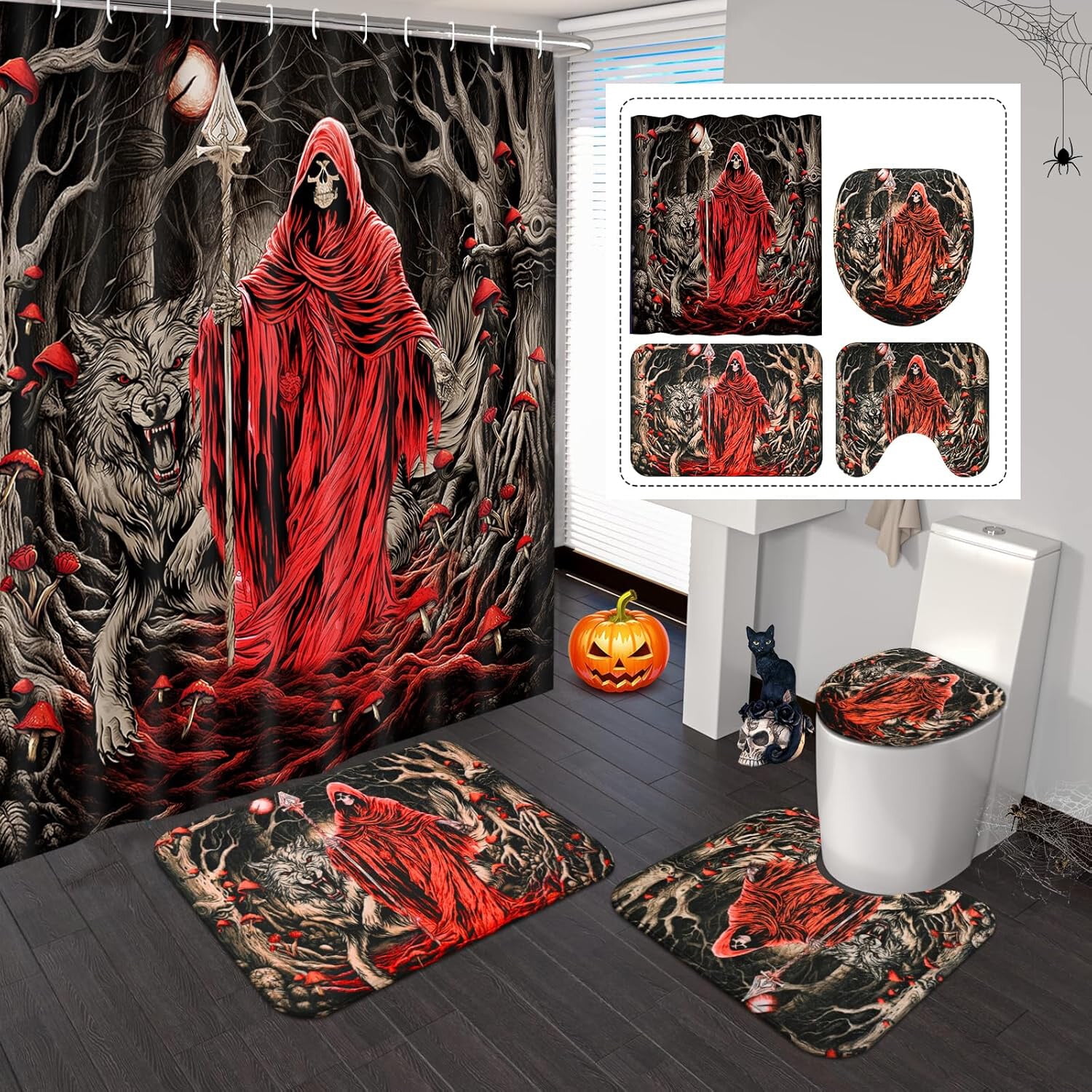 FRAMICS Halloween Death Shower Curtain Sets with Rugs, 16 Pc Goth Scary