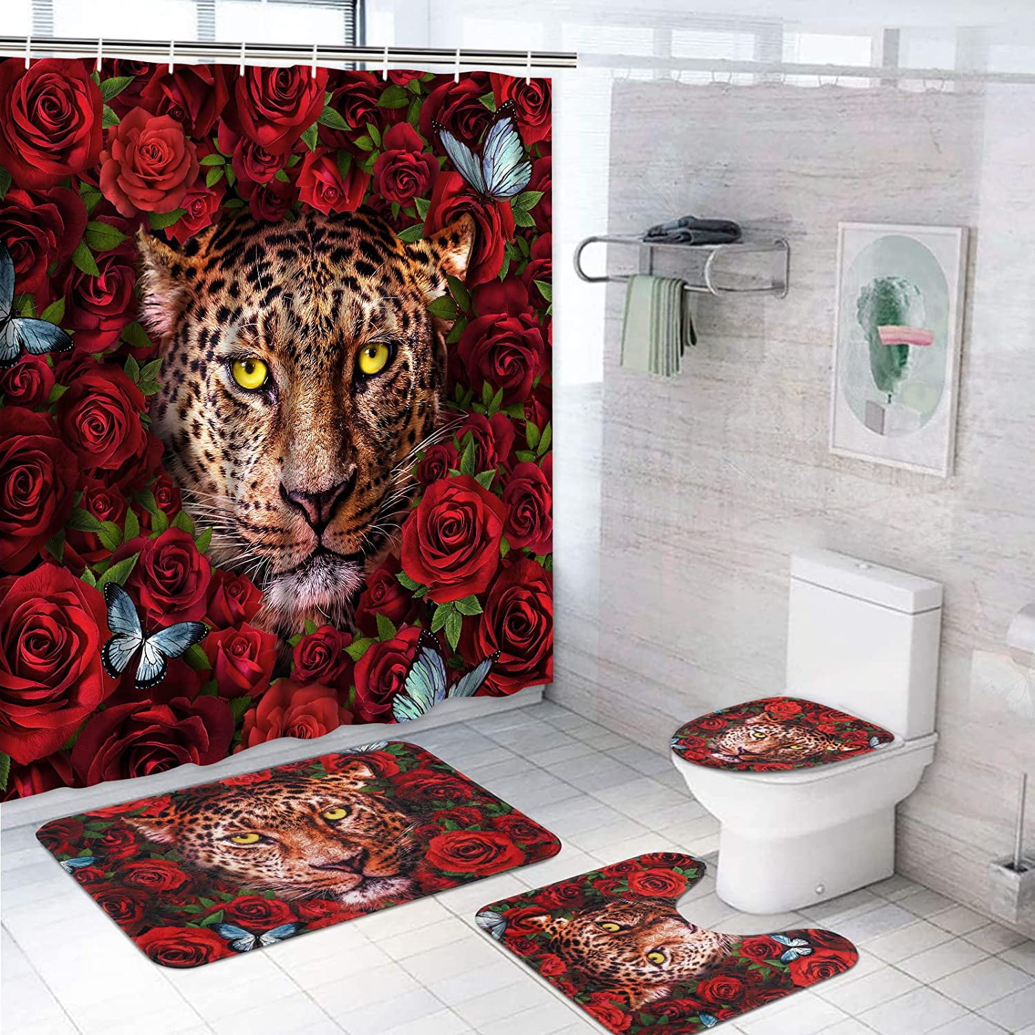 FRAMICS Red Rose Shower Curtain and Rug Sets, African Leopard Cheetah